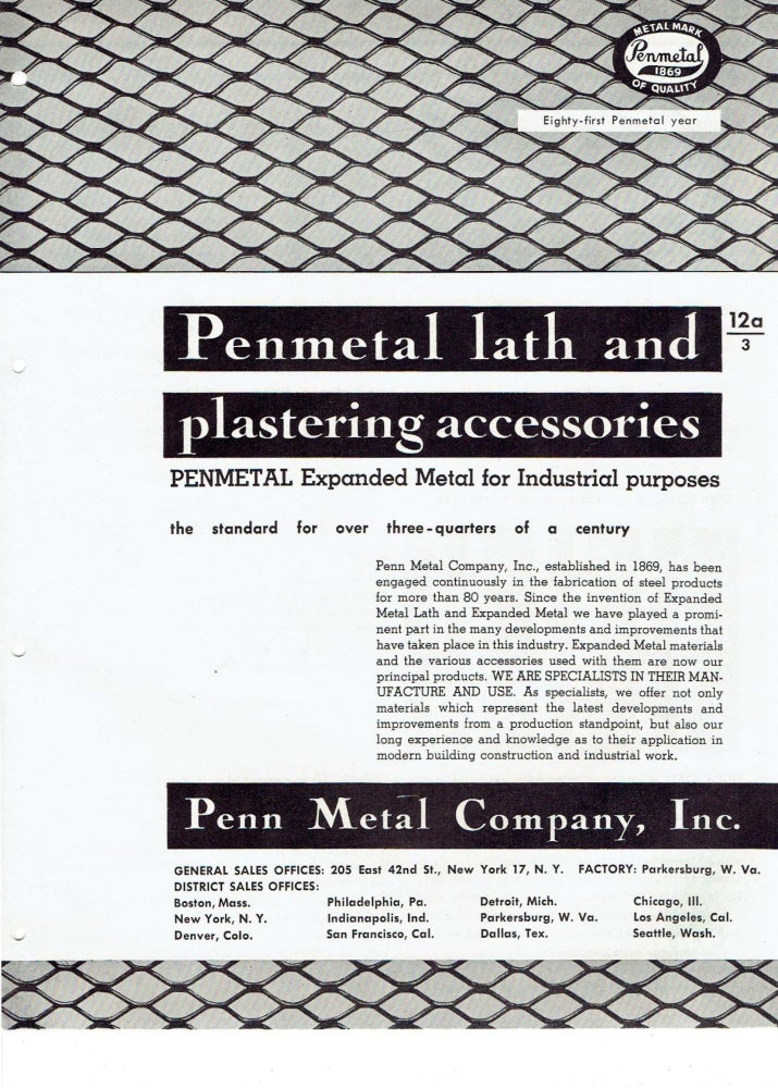 Item #16911 Penmetal lath and plastering accessories; Expanded Metal for Industrial purposes. Metal, Penn Metal Company.