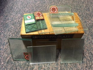 Item #20135 9 Glass Samples in a Solid Wood Case. Glass, Mississippi Glass Company