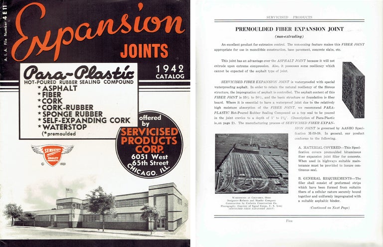 Item #20830 Expansion Joints 1942 Catalog; A. I. A. File Number 4 E 11; Para-Plastic Hot-Poured Rubber Sealing Compound / Asphalt / Fiber / Cork / Cork-Rubber / Self-Expanding Cork / Waterstop. Building Materials, Servicised Products Corp.