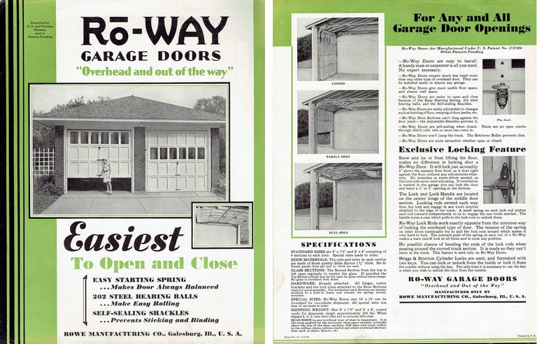 Item #21257 Ro-Way Garage Doors; "Overhead and out of the way" Garages, Rowe Manufacturing Co.