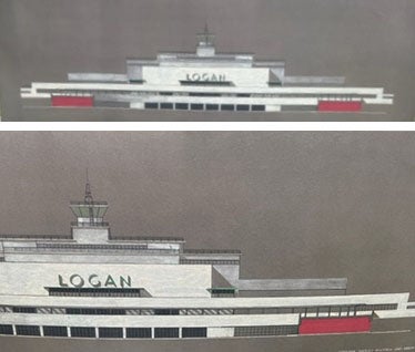 Item #21982 Advertising Poster: Proposed Central Building at Logan Airport in Boston. Architects, Shepley Bulfinch.