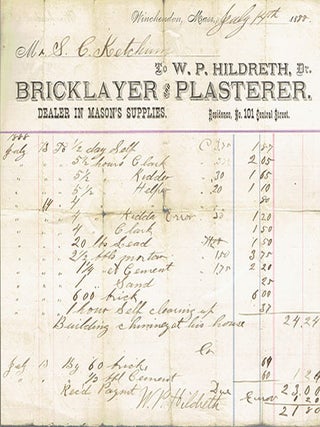 Item #23549 Bricklayer's Invoice for Work Done in 1888. Brick, W. P. Hildreth
